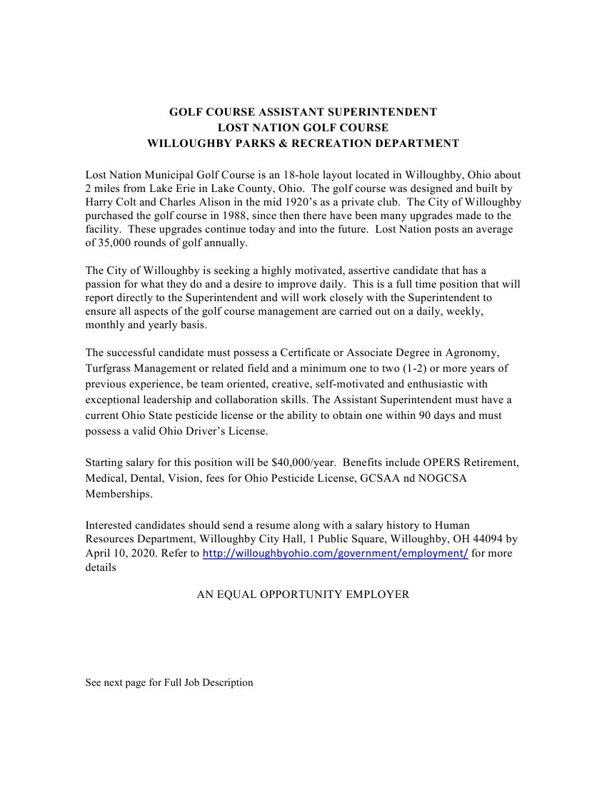 Assistant Superintendent Lost Nation Golf Course Northern Ohio Golf
